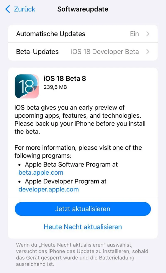 中阳苹果手机维修分享苹果 iOS / iPadOS 18 开发者预览版 Beta 8 发布 